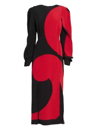 Shop Givenchy Printed Puff-sleeve Silk Midi Dress In Black Red