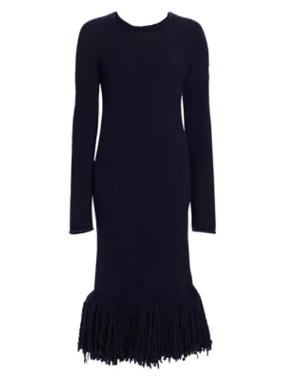 Shop Marina Moscone Bouclé Knit Fringe Midi Dress In Midnight