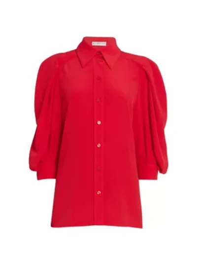Shop Givenchy Three-quarter Balloon-sleeve Collared Silk Blouse In Red