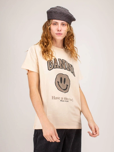 Shop Ganni Basic Cotton Jersey Smiley T-shirt In Beige
