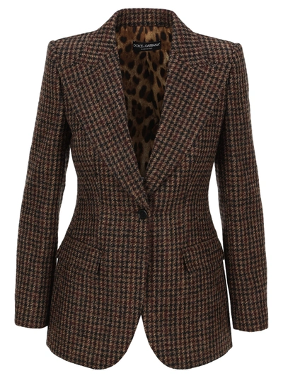 Shop Dolce & Gabbana Houndstooth Fitted Blazer In Brown Check