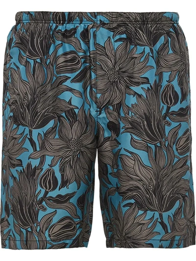 Shop Prada Floral Print Swim Shorts In Blue