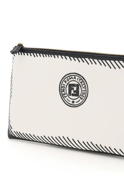 Shop Fendi Stamp Fabric Medium Pouch In White,black