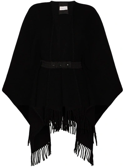 Shop Moncler Belted-waist Wool Poncho In Black