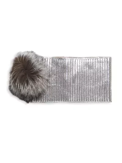 Shop Adrienne Landau Fox Fur Pom-pom Metallic Knit Headband In Silver