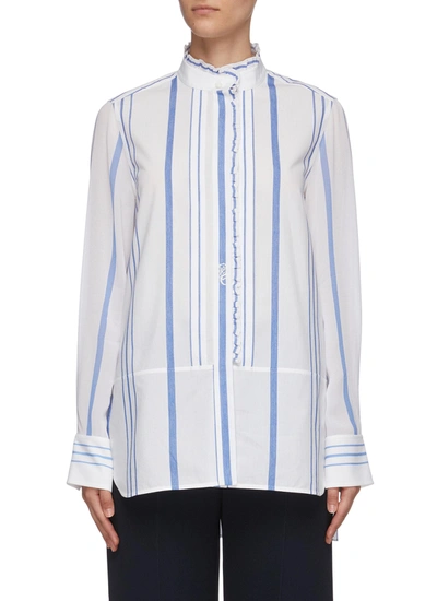 Shop Chloé Ruffle Trim Stand Collar Stripe Shirt In Blue