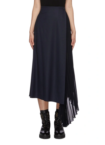Shop Chloé Pleated Sheer Insert Wool Blend Midi Skirt In Blue