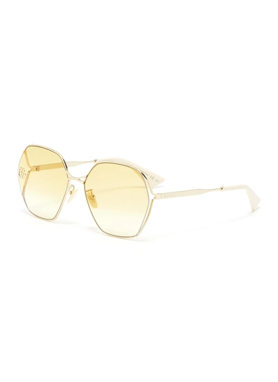 Shop Gucci Logo Fork Hexagonal Metal Frame Sunglasses In Yellow