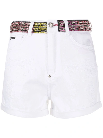 Shop Philipp Plein Rhinestone-embellished Denim Shorts In White