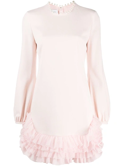 Shop Giambattista Valli Ruffle Mini Dress With Pearl Neckline In Pink