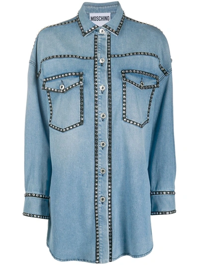Shop Moschino Crystal-embellished Denim Shirt In Blue