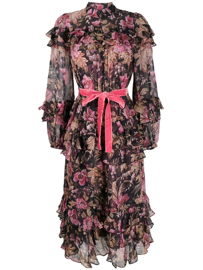 Shop Zimmermann Lucky Mulberry Floral Tiered Dress In Black