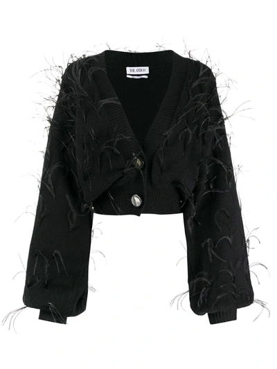 Shop Attico Feather-trimmed Cropped Cardigan In Black