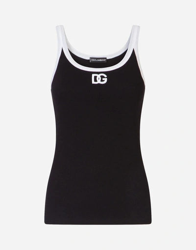 Shop Dolce & Gabbana Jersey Tank Top With Dg Logo In Black/white