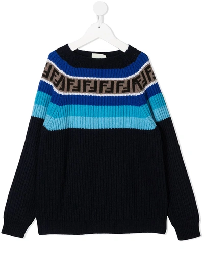Shop Fendi Logo-stripe Intarsia-knit Jumper In Blue