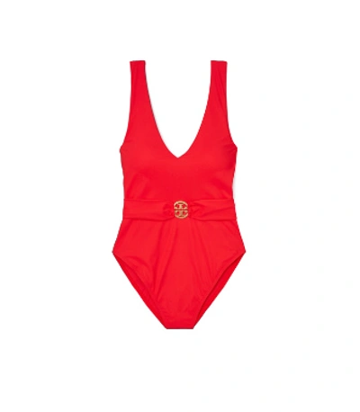 Shop Tory Burch Miller Plunge One-piece Swimsuit In Pink