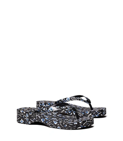 Shop Tory Burch Printed Carved-wedge Flip-flop In Midnight Teapot