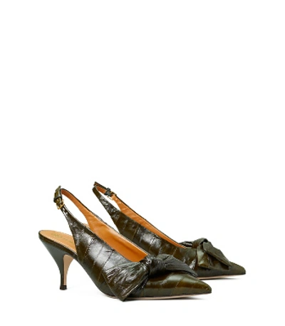 Shop Tory Burch Eel Slingback Bow Pump In Olive Green