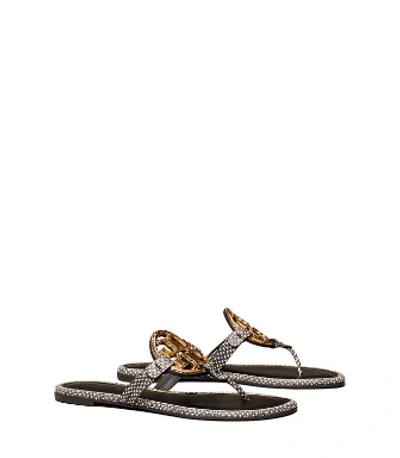 Shop Tory Burch Miller Metal-logo Sandal, Embossed Leather In Black/white Embossed Spotted Snake