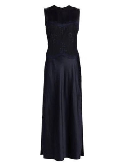 Shop Marina Moscone Lace-trimmed Satin Midi Dress In Blue Sapphire