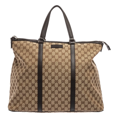 Pre-owned Gucci Beige Gg Canvas And Leather Weekender Tote