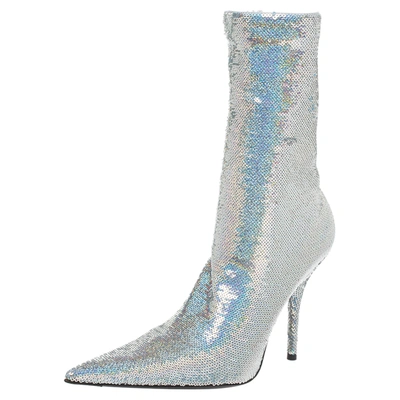 Pre-owned Balenciaga Metallic Silver Sequin Knife Mid Length Boots Size 37