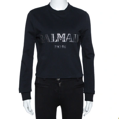 Pre-owned Balmain Black Cotton Metallic Logo Applique Cropped Sweatshirt Top M