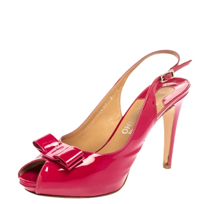 Pre-owned Ferragamo Pink Patent Leather Bow Peep Toe Platform Slingback Sandals Size 39.5
