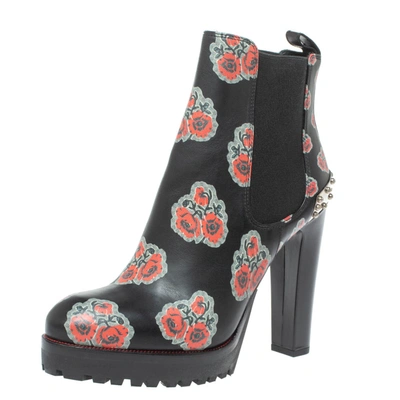 Pre-owned Alexander Mcqueen Black Leather Poppy Flower Print Ankle Boots Size 38