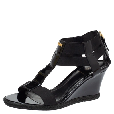 Pre-owned Fendi Black Patent Leather And Elastic Fabric T Strap Espadrille Wedge Sandals Size 39