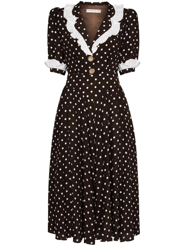 Alessandra Rich Polka Dots Ruffled Silk Midi Dress In Brown | ModeSens