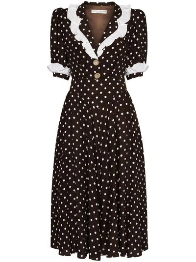 Shop Alessandra Rich Polka-dot Ruffled Midi Dress In Brown