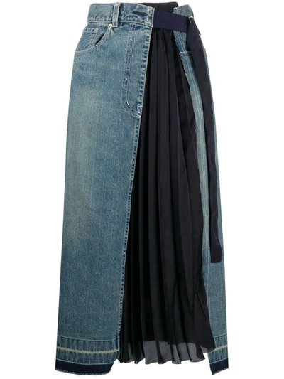 Shop Sacai Blue Pleated Paneled Denim Skirt
