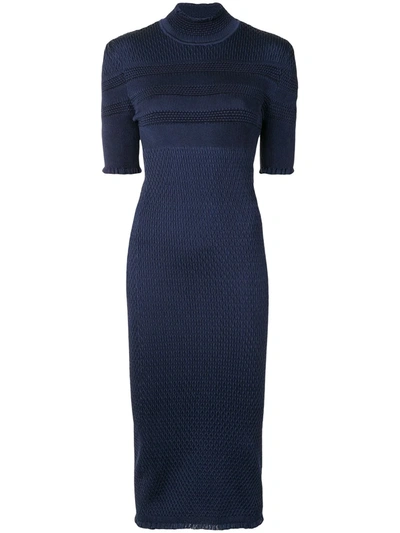 Shop Fendi Textured-finish Fitted Silk Dress In Blue