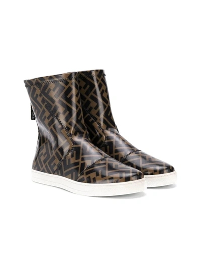 Shop Fendi Teen Logo-print Boots In Brown