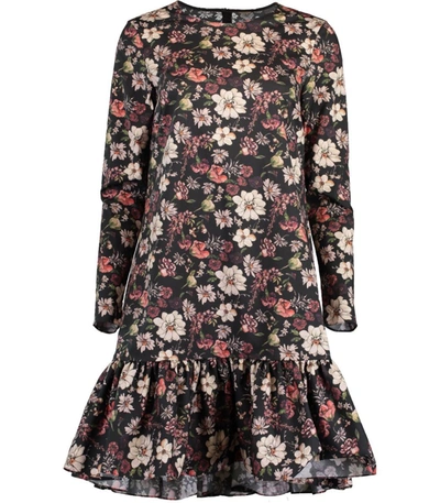 Shop Adam Lippes Black Long Sleeve Floral Print Ruffle Hem Dress