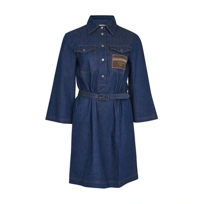 Shop Gucci Label Denim Dress In Dark Blue Mix