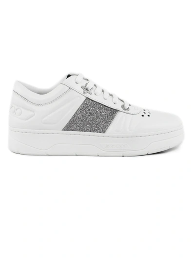 Shop Jimmy Choo White Calf Leather Lace-up Trainers In Bianco