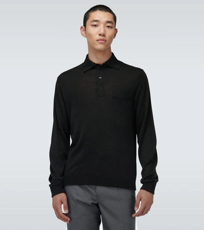 Shop Lemaire Long-sleeved Knitted Polo Shirt In Black