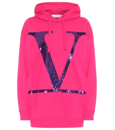 Shop Valentino Vlogo Sequined Cotton Jersey Hoodie In Pink