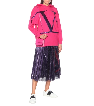 Shop Valentino Vlogo Sequined Cotton Jersey Hoodie In Pink