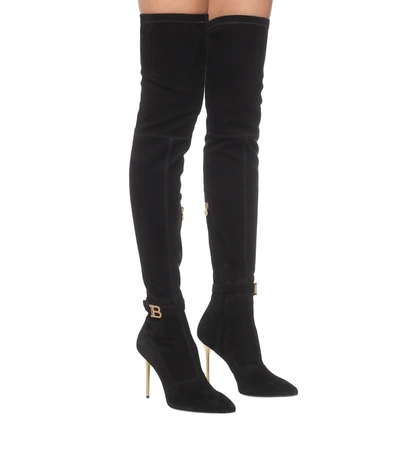 Shop Balmain Raven Over-the-knee Suede Boots In Black
