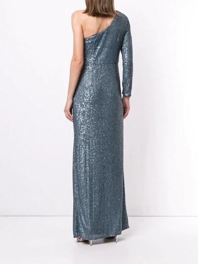 Shop Aidan Mattox Sequin One-shoulder Ruched Gown In Blue