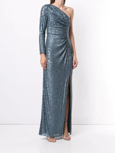Shop Aidan Mattox Sequin One-shoulder Ruched Gown In Blue
