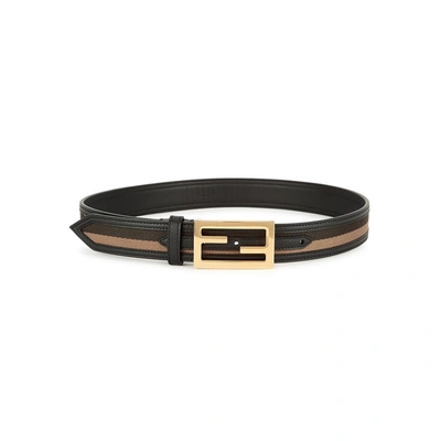 Shop Fendi Striped Canvas And Leather Belt In Black