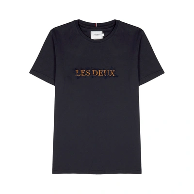 Shop Les Deux Leaves Navy Embroidered Cotton T-shirt
