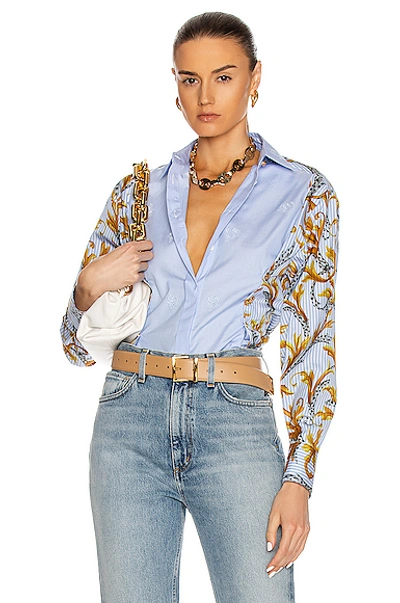 Shop Versace Button Down Long Sleeve Top In Blue & Gold