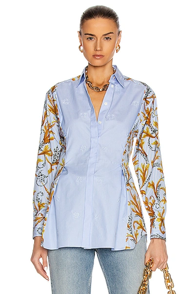 Shop Versace Button Down Long Sleeve Top In Blue & Gold