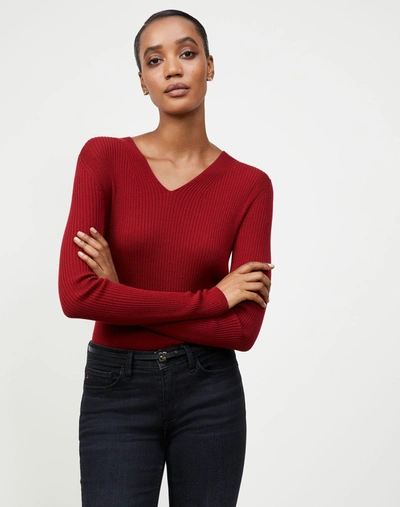 Shop Lafayette 148 Petite Fine Gauge Merino Ribbed V-neck Sweater In Red