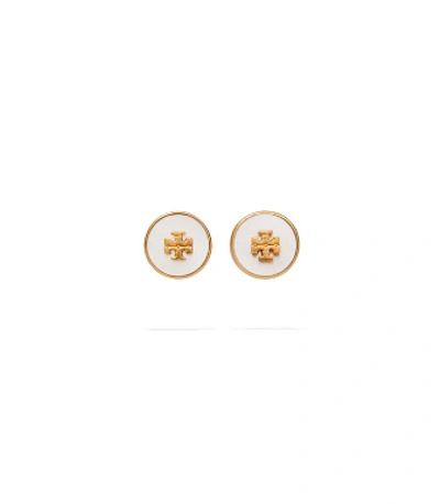 Shop Tory Burch Kira Semiprecious Circle-stud Earring In Rolled Brass/mother Of Pearl